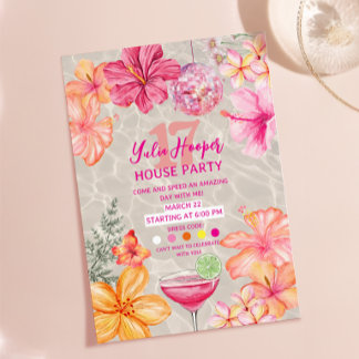 Tropisk Rosa Disco Boll Hibiskus Pool Födelsedag Inbjudningar