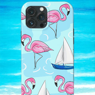 Tropisk Rosa Flamingo Blue Sailboat Preppy