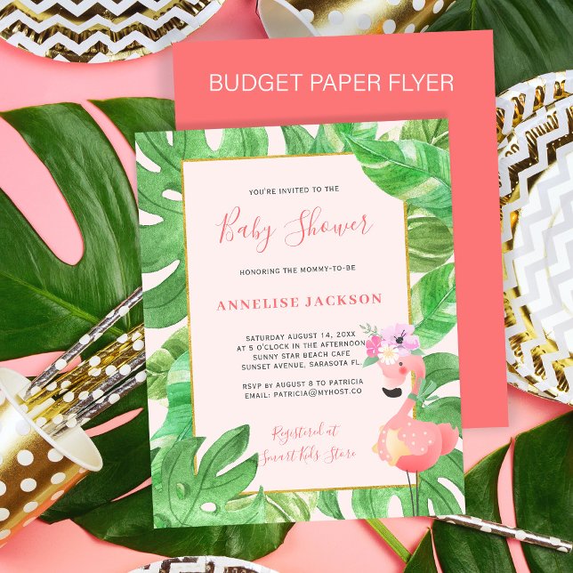 Tropisk rosa flamingo budget baby shower inbjudan flygblad (Skapare uppladdad)