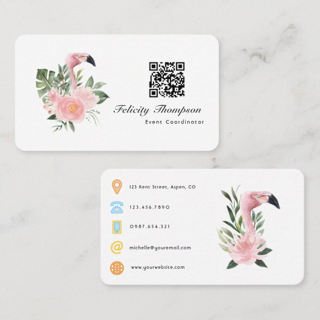 Tropisk Rosa Flamingo Eventkoordinator QR-kod Visitkort (Fram/baksida)