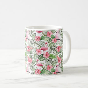 Tropisk Rosa Flamingo, Fågel, Hibiskus & Grönska Kaffemugg