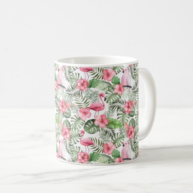 Tropisk Rosa Flamingo, Fågel, Hibiskus & Grönska Kaffemugg (Framsida höger)