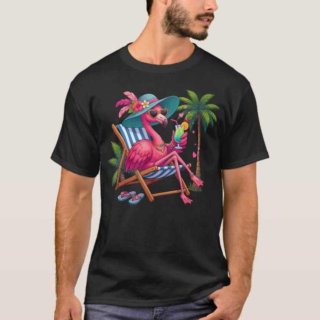 Tropisk Rosa Flamingo Fågel Palmträd Strand T Shirt (Framsida)