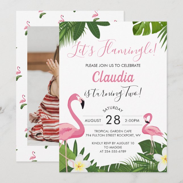 Tropisk Rosa Flamingo Fotofödelsedagsinbjudan Inbjudningar (Fram/baksida)