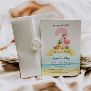 Tropisk Rosa Flamingo Girl 2 nd Birthday Inbjudningar