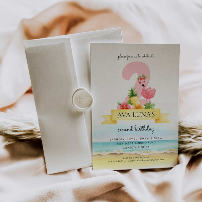 Tropisk Rosa Flamingo Girl 2 nd Birthday Inbjudningar (Skapare uppladdad)