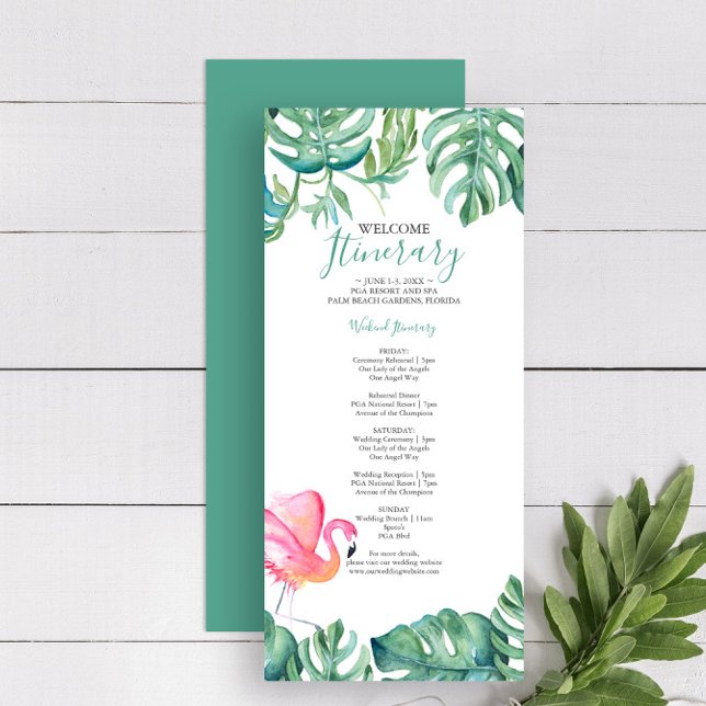 Tropisk Rosa Flamingo Greenery Bröllop Itinerary (Wedding itinerary tropical destination weddings artwork and design by Victoria Grigaliunas)