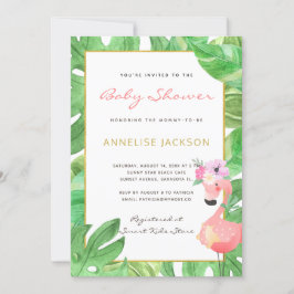 Tropisk rosa flamingo gröna blad baby shower inbjudningar