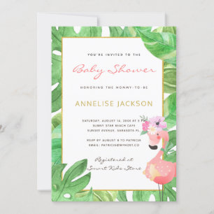 Tropisk rosa flamingo gröna blad baby shower inbjudningar