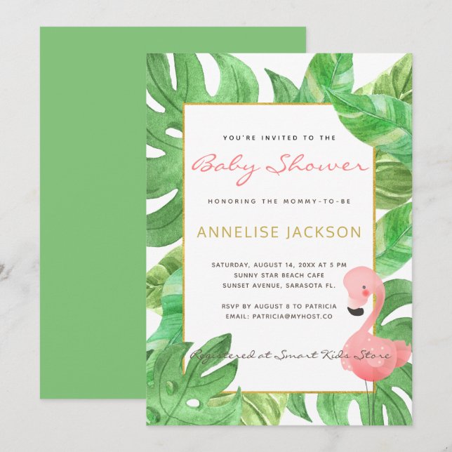 Tropisk rosa flamingo gröna blad baby shower inbjudningar (Fram/baksida)