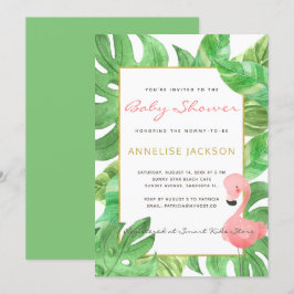 Tropisk rosa flamingo gröna blad baby shower inbjudningar