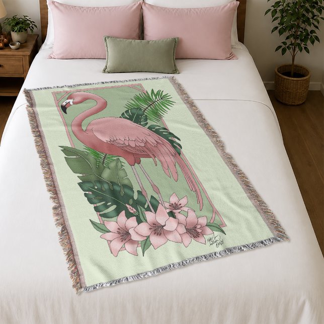 Tropisk Rosa Flamingo Gröna Palmblad Lilja Filt (Skapare uppladdad)