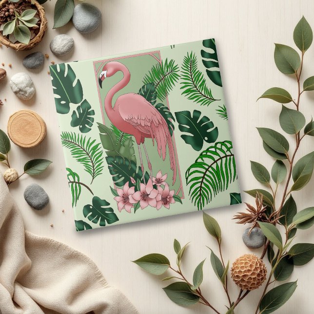 Tropisk Rosa Flamingo Gröna Palmblad Lilja Kakelplatta (Skapare uppladdad)