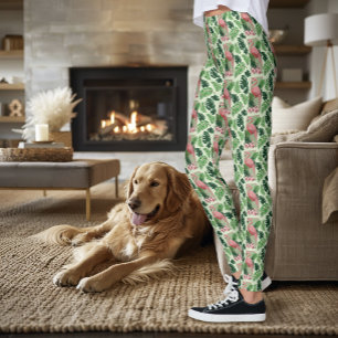 Tropisk Rosa Flamingo Gröna Palmblad Lilja Leggings