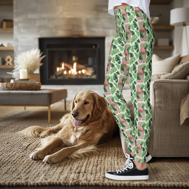 Tropisk Rosa Flamingo Gröna Palmblad Lilja Leggings (Skapare uppladdad)