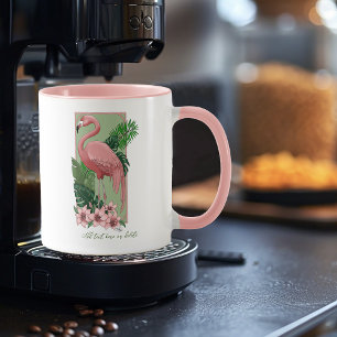 Tropisk Rosa Flamingo Gröna Palmblad Lilja Mugg