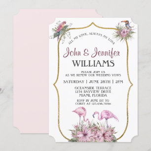 Tropisk Rosa Flamingo Guld Vow Renewal Inbjudningar