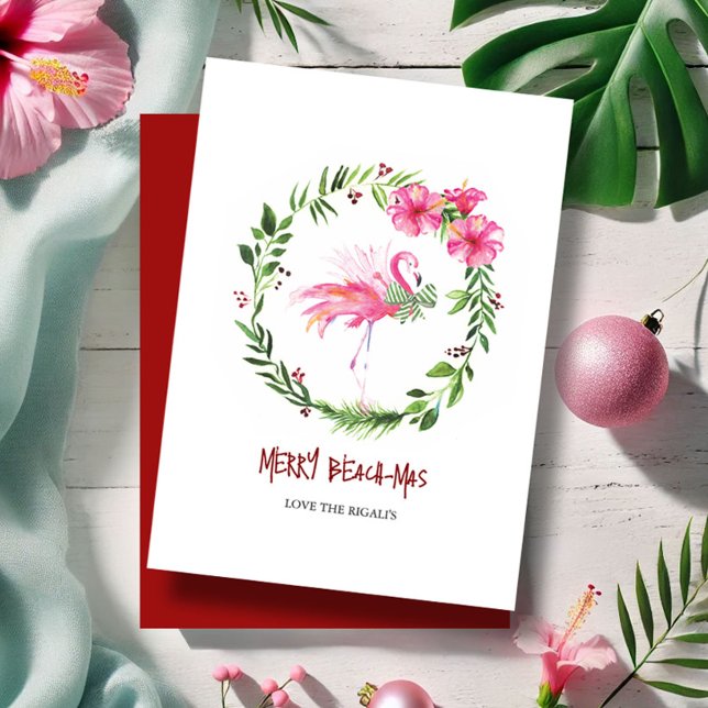 Tropisk Rosa Flamingo-hälsningskort för jul Julkort (Beach Christmas cards watercolor pink flamingo and hibiscus flowers wreath by Victoria Grigaliunas)