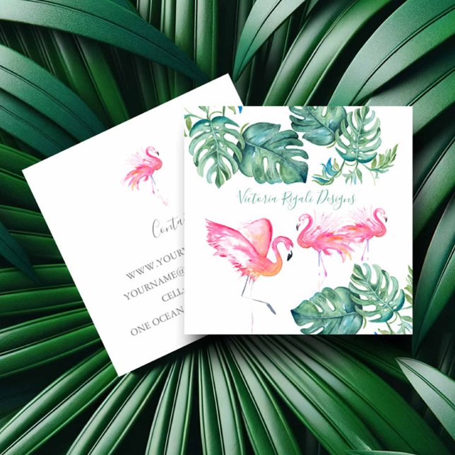 Tropisk Rosa Flamingo Handflatan Lövs Fyrkantigt Visitkort (Tropical business cards with watercolor pink flamingos and palm leaves by Victoria Grigaliunas)