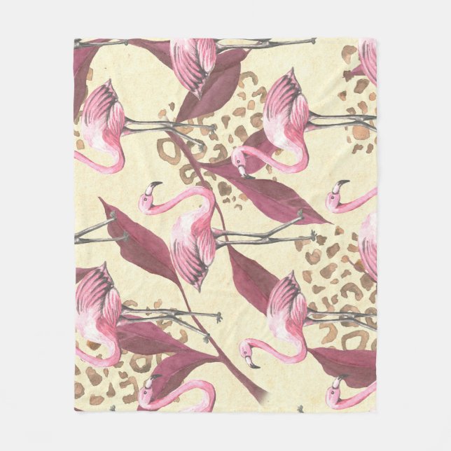 Tropisk rosa flamingo, leopard mönster. fleecefilt (Framsidan)
