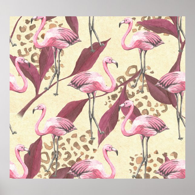 Tropisk rosa flamingo, leopard mönster. poster (Framsidan)