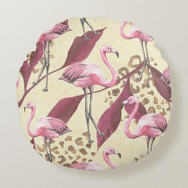 Tropisk rosa flamingo, leopard mönster. rund kudde (Framsidan)