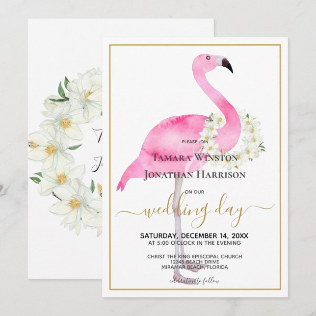 Tropisk Rosa Flamingo Magnolias Beach Wedding Inbjudningar (Fram/baksida)