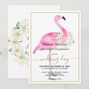 Tropisk Rosa Flamingo Magnolias Beach Wedding Inbjudningar
