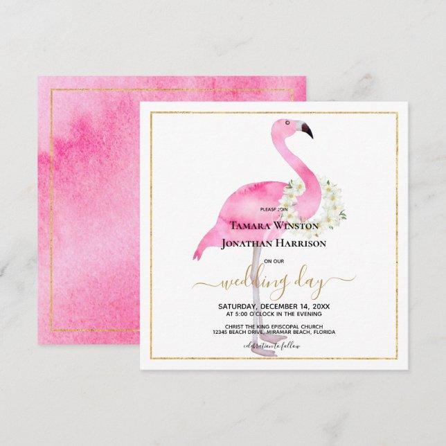 Tropisk Rosa Flamingo Magnolias Beach Wedding Inbjudningar (Fram/baksida)