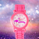 Tropisk rosa flamingo marble monogram namn armbandsur<br><div class="desc">Tropisk roligt och all rosa! En söt rosa och flamingo tittar på dig. Modern rosa marmor bakgrund. En rosa banderoll och en mall för ditt namn,  vita brev. Rosa nummer.</div>