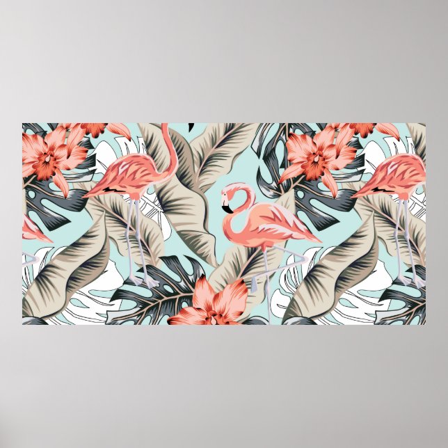 Tropisk rosa flamingo med orkidblommor och lea poster (Framsidan)