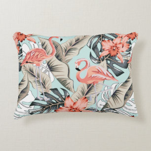 Tropisk rosa flamingo med orkidblommor och lea prydnadskudde