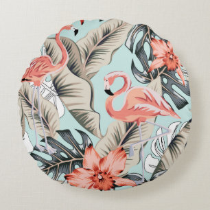 Tropisk rosa flamingo med orkidblommor och lea rund kudde
