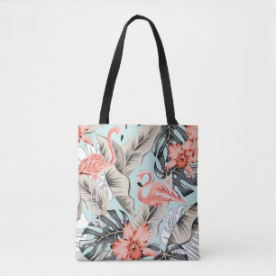 Tropisk rosa flamingo med orkidblommor och lea tygkasse