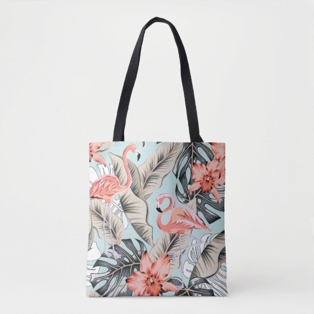 Tropisk rosa flamingo med orkidblommor och lea tygkasse (Framsida)