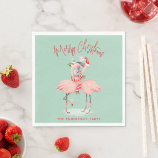 Tropisk Rosa Flamingo Med Tomtehattar Jul Pappersservett