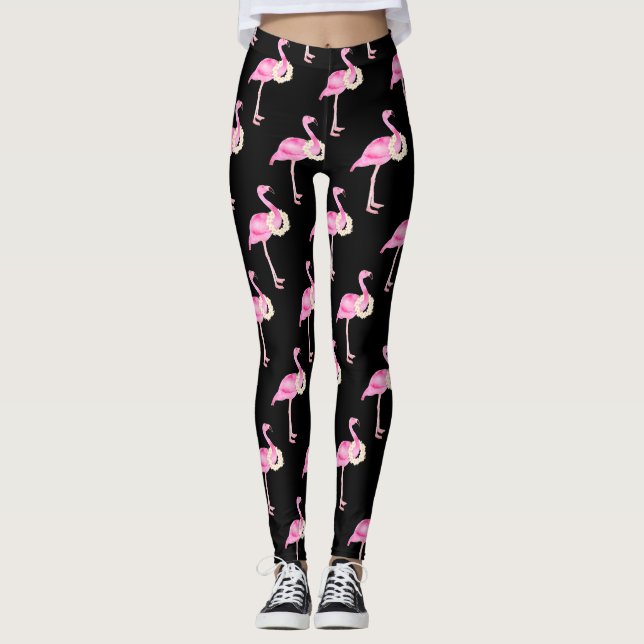 Tropisk Rosa Flamingo Mönster Vit Blommigt Utandni Leggings (Framsida)