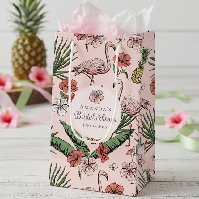 Tropisk Rosa Flamingo och Hibiskus Bröllopsdusch (Chic Pink Tropical Floral Pink Flamingo, Hibiscus Flowers & Banana Leaves Bridal Shower Gift Bags)