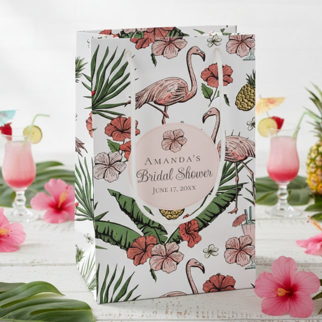 Tropisk Rosa Flamingo och Hibiskus Bröllopsdusch (Chic White Tropical Floral Pink Flamingo, Hibiscus Flowers & Banana Leaves Bridal Shower Gift Bags)