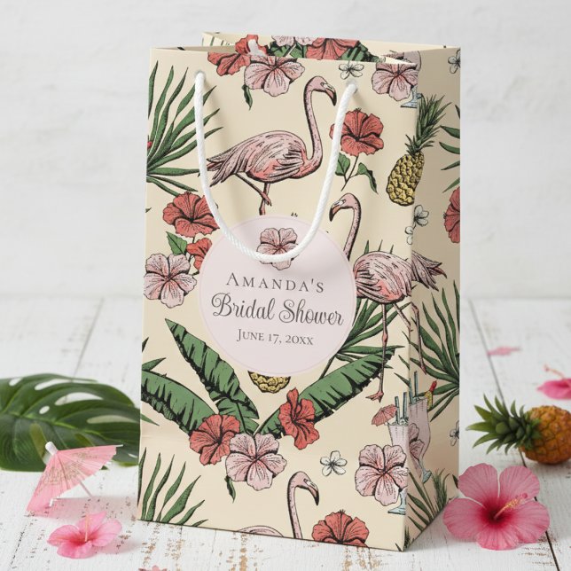 Tropisk Rosa Flamingo och Hibiskus Bröllopsdusch (Chic Yellow Tropical Floral Pink Flamingo, Hibiscus Flowers & Banana Leaves Bridal Shower Gift Bags)
