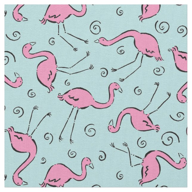 Tropisk Rosa Flamingo på Aqua Blue Mönster Tyg (Närbild)