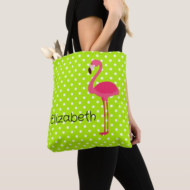 Tropisk Rosa Flamingo på Grön Vita Prickar Tygkasse (Närbild)