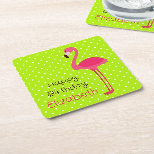 Tropisk Rosa Flamingo på Grönt White Polka dots Underlägg Papper Kvadrat (Vinklad)