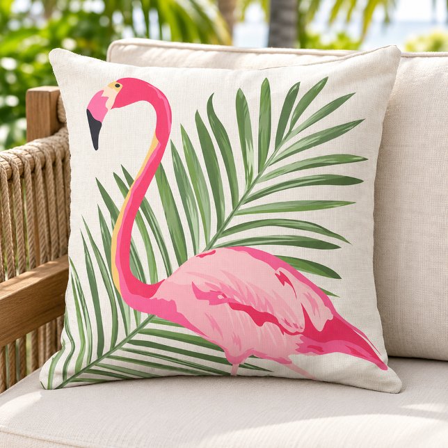 Tropisk Rosa Flamingo Palm Beige Linne Kudde (Skapare uppladdad)