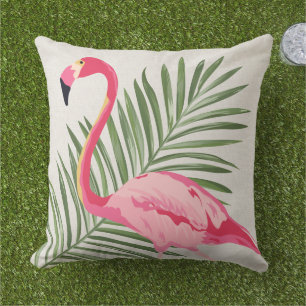 Tropisk Rosa Flamingo Palm Beige Linne Kudde