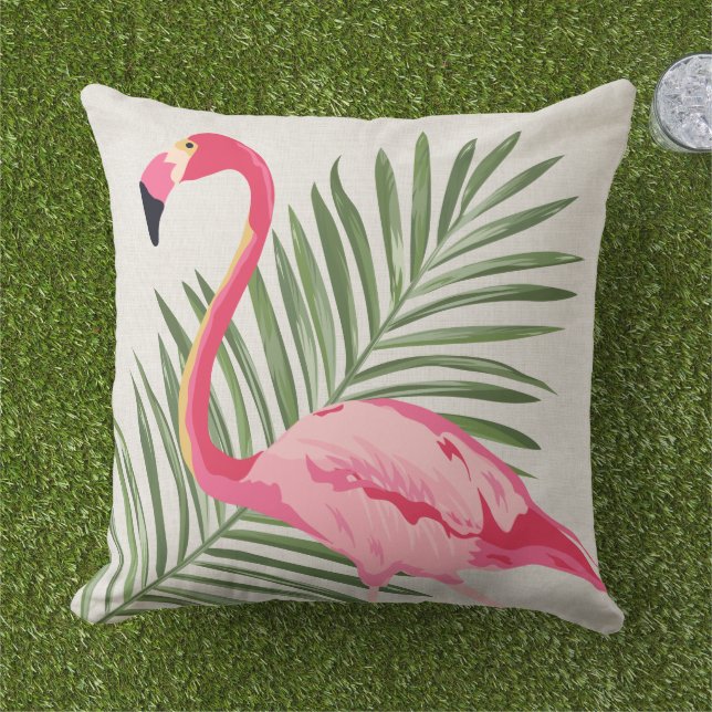 Tropisk Rosa Flamingo Palm Beige Linne Kudde (Gräs)