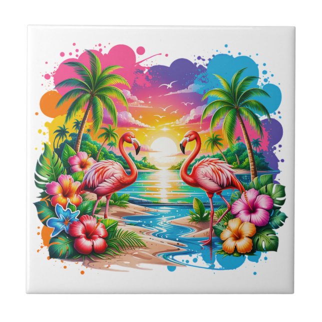 Tropisk Rosa Flamingo Solnedgång Paradis Konst Kakelplatta (Framsidan)