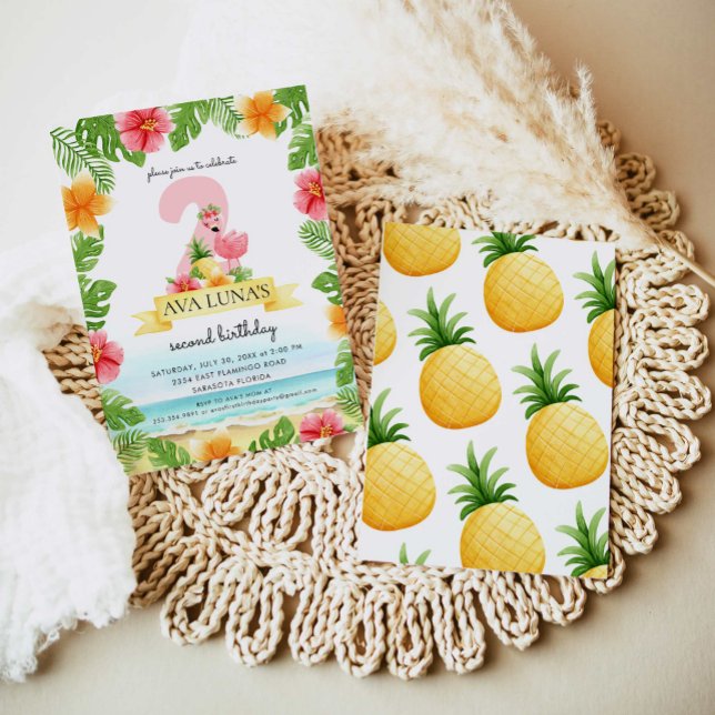 Tropisk Rosa Flamingo Sommar Tjej 2:a Inbjudningar (Skapare uppladdad)