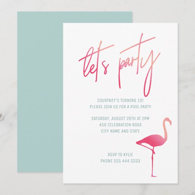Tropisk rosa flamingo sommaren bassäng party inbju inbjudningar (Fram/baksida)