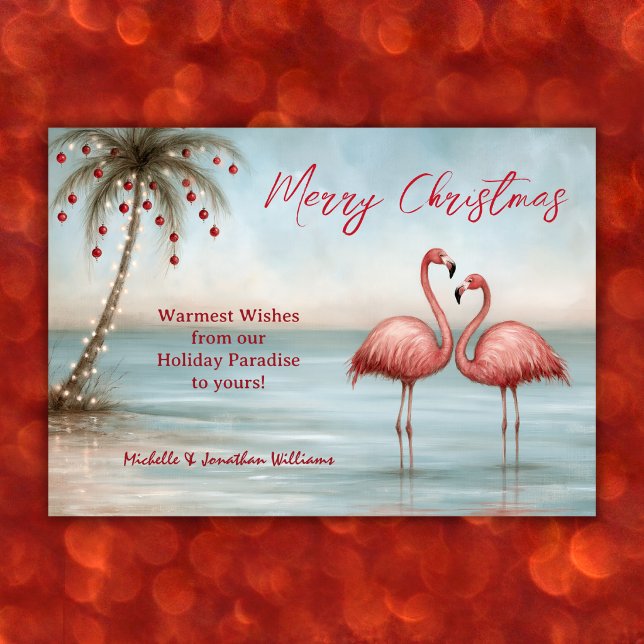 Tropisk Rosa Flamingo Strand Jul Julkort (Tropical Pink Flamingo Beach Christmas Holiday Card Front)
